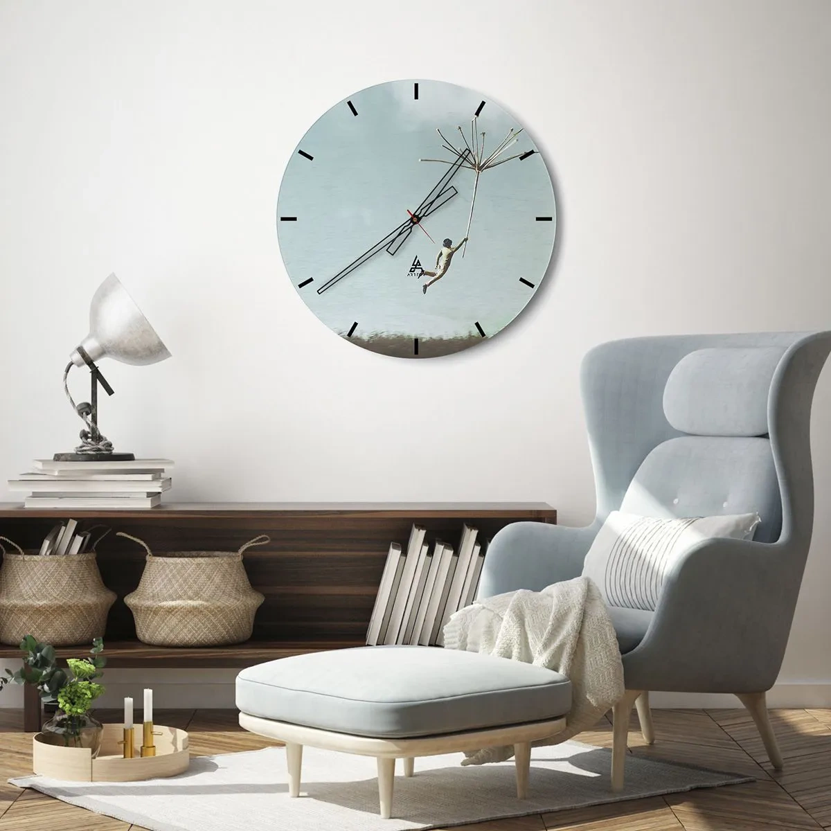 Ceas de perete - Ceas pe sticlă - O figură plutitoare în aer ținând în mână o păpădie uriașă - 30x30cm - Zmeuri, suflante, vânt - Decorațiune modernă pentru perete pentru living, bucătărie și dormitor ARTTOR