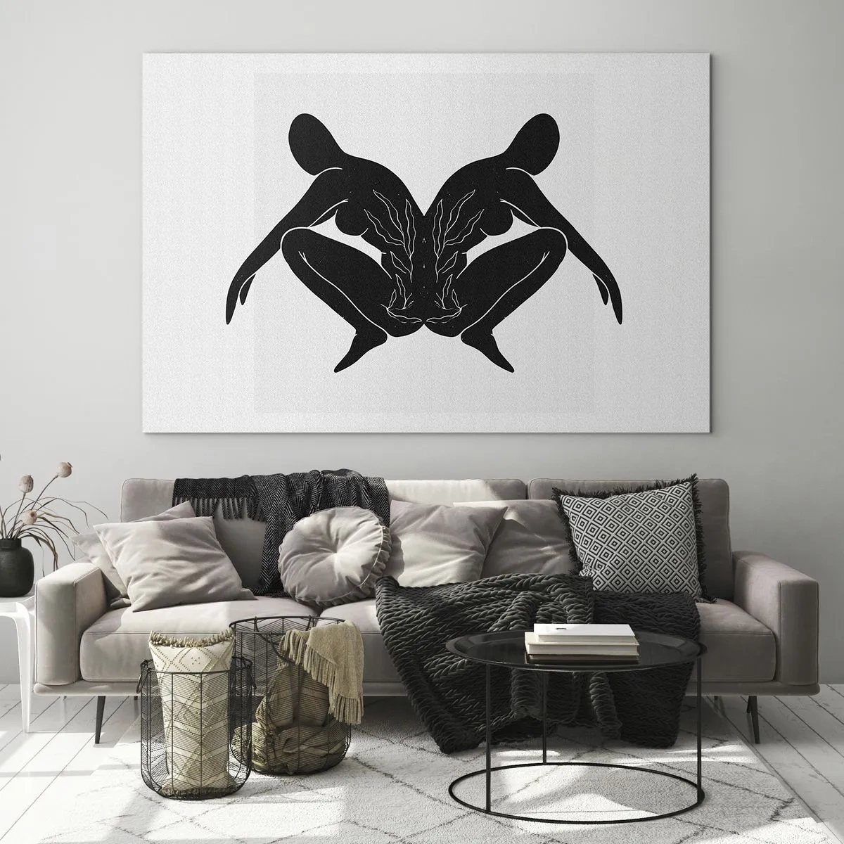 Tablou pe sticlă - Figuri negre formând o inimă simetrică pe un fundal alb - 70x50cm - Suflet comun - Decorațiune modernă pentru perete pentru living și dormitor ARTTOR