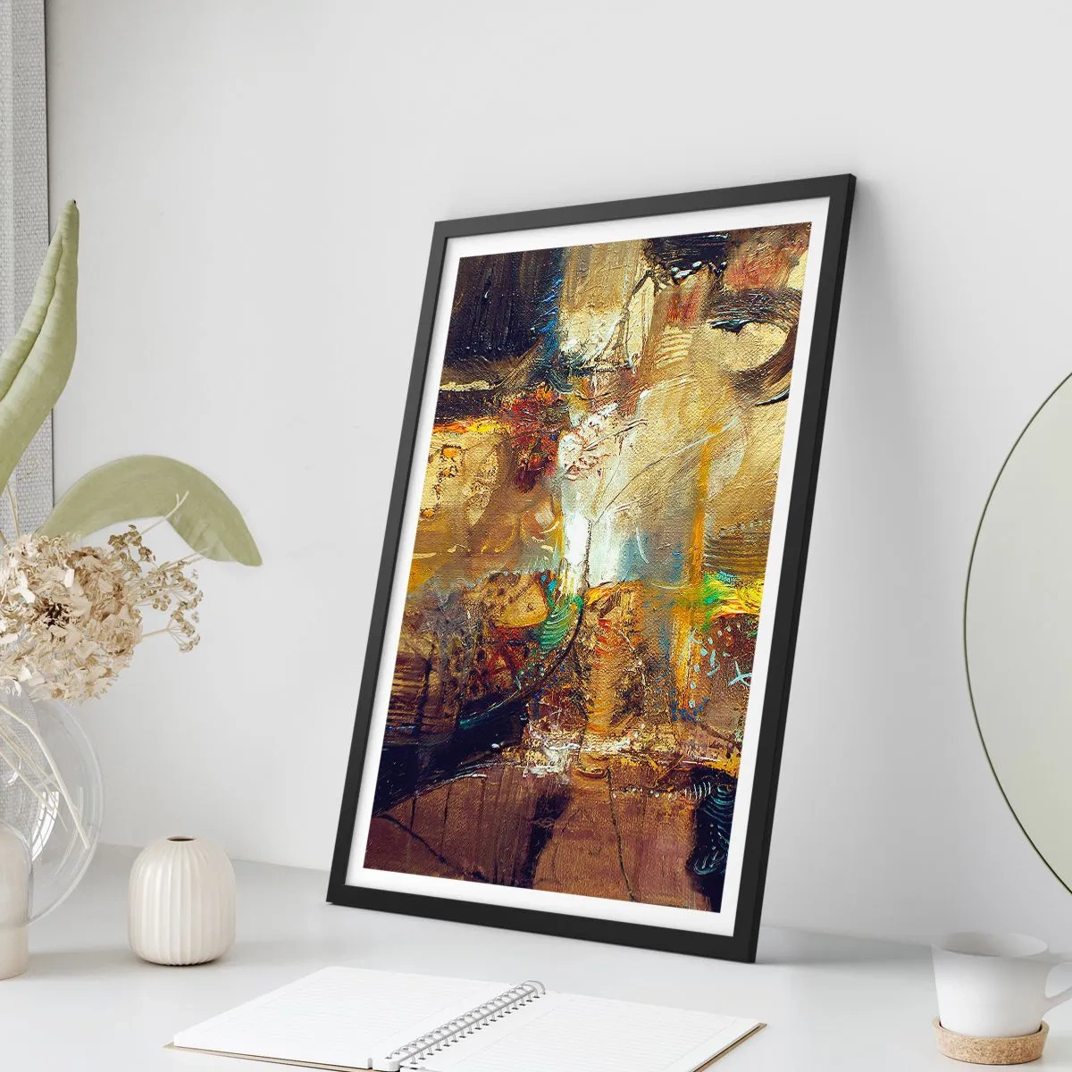 Poster în ramă neagră - O compoziție abstractă în nuanțe calde, aurii. - 50x70cm - Rece, călduț, fierbinte - Decorațiune modernă pentru perete pentru living și dormitor ARTTOR