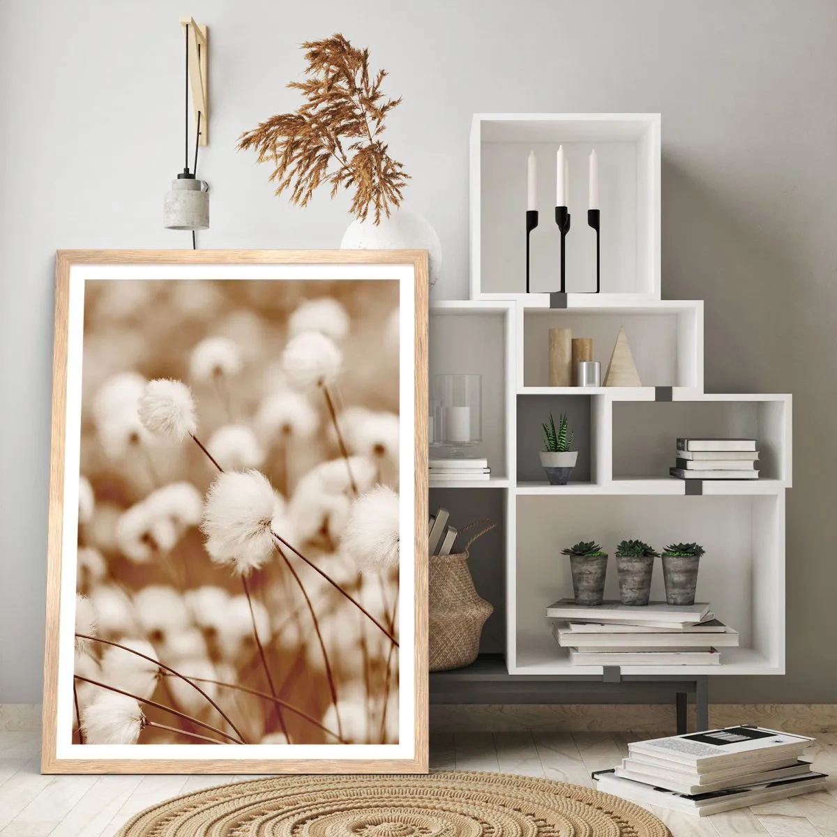 Poster în ramă de stejar deschis - Câmp pufos - 70x100 cm