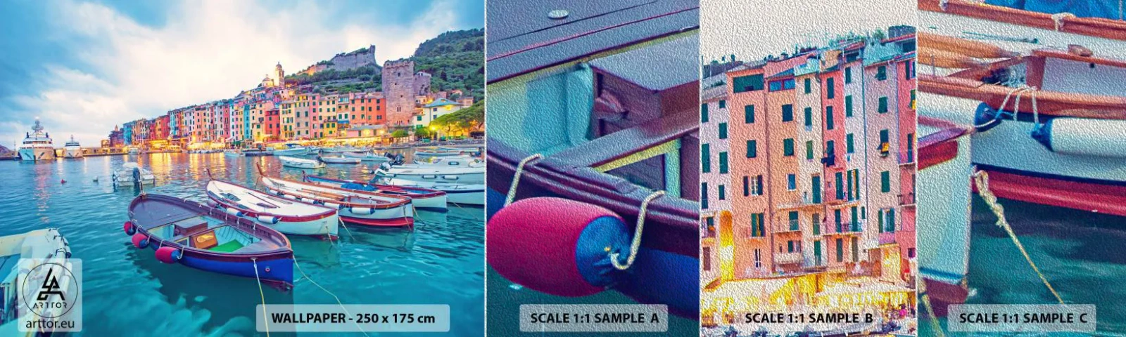 Mostră tapet Premium Sand - O seară plină de culoare în port - Oras port, Arhitectură, Peisaj - 100x30 cm