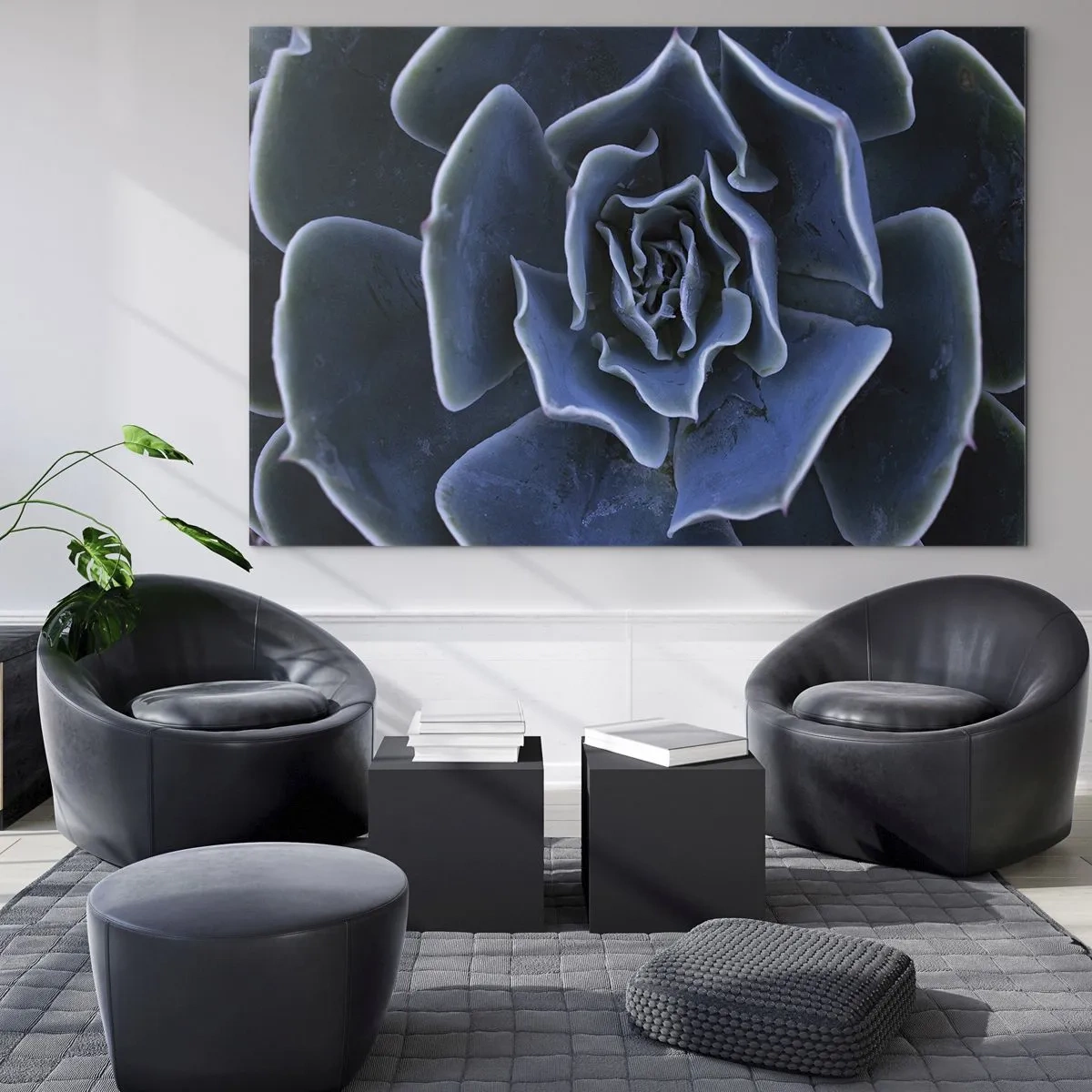 Tablou pe sticlă - Fotografie macro a unei suculente în nuanțe de albastru rece - 70x50cm - Floare de deșert - Decorațiune modernă pentru perete pentru living și dormitor ARTTOR