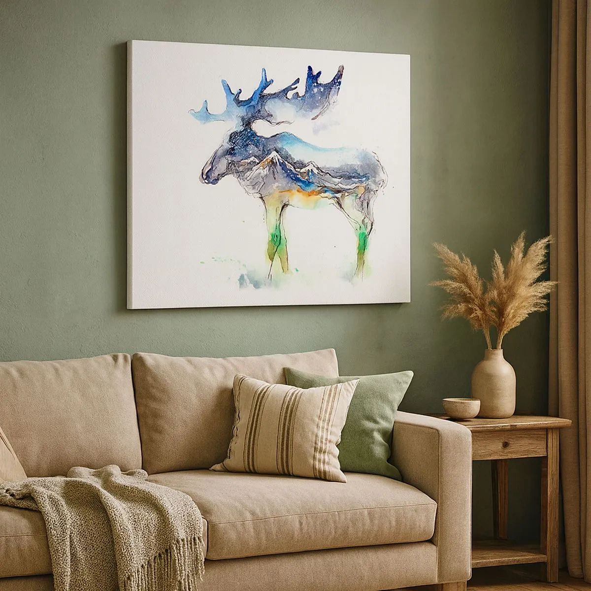 Tablou pe pânză Canvas - Siluetă în acuarelă a unui elan cu un peisaj montan - 70x50cm - Eroul poveștii de iarnă - Decorațiune modernă pentru perete pentru living și dormitor ARTTOR