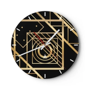 Ceas de perete - Ceas pe sticlă - Model geometric auriu pe fundal negru - 30x30cm - Geometrie de aur - Decorațiune modernă pentru perete pentru living, bucătărie și dormitor ARTTOR