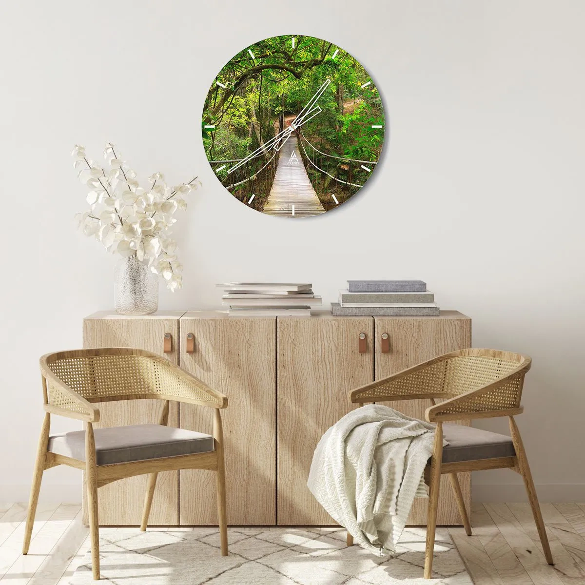 Ceas de perete - Ceas pe sticlă - Un pod de lemn suspendat într-o pădure verde - 30x30cm - Pentru că în grădină crește o liană - Decorațiune modernă pentru perete pentru living, bucătărie și dormitor ARTTOR