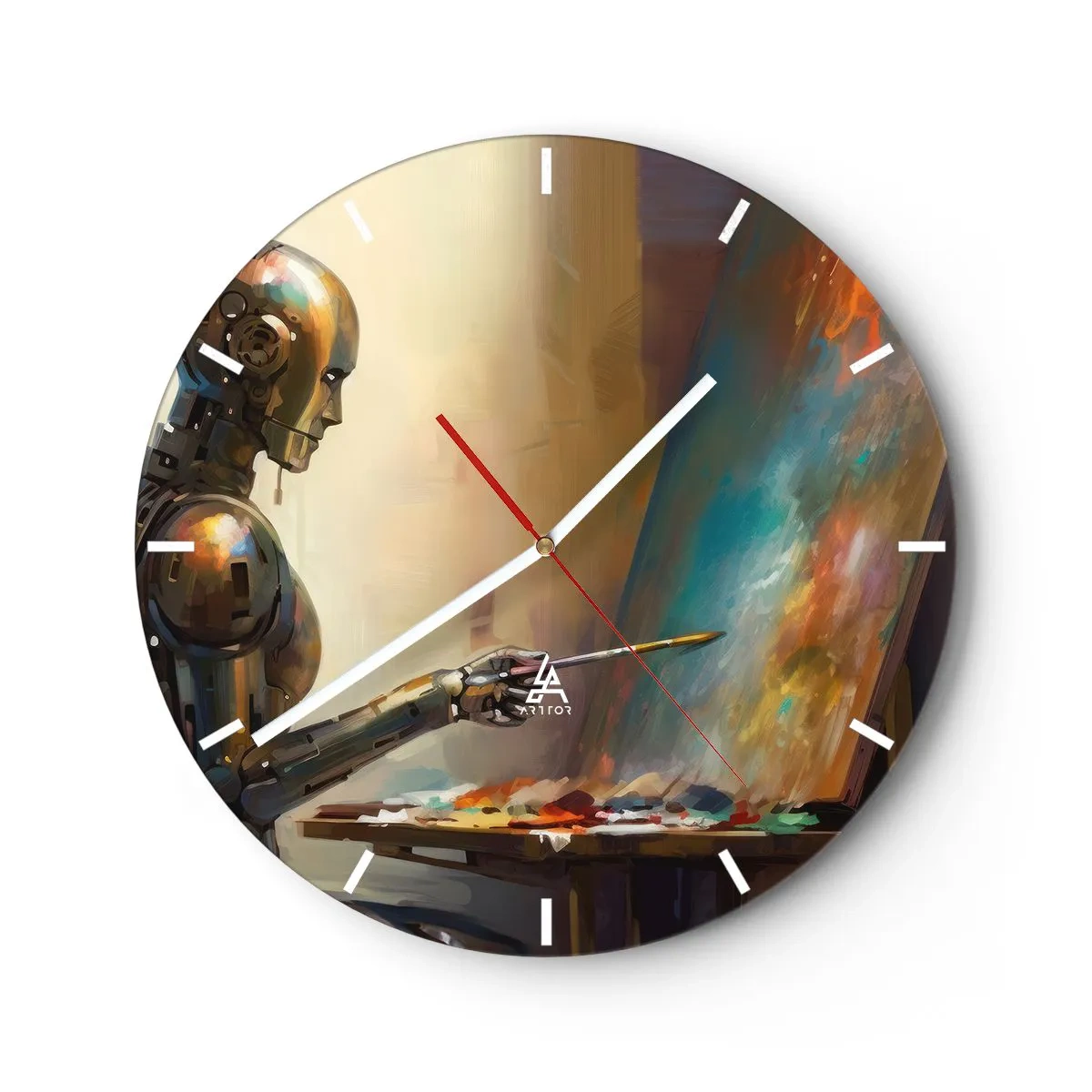 Ceas de perete - Ceas pe sticlă - Un robot pictează un tablou pe un șevalet - 30x30cm - Arta viitorului - Decorațiune modernă pentru perete pentru living, bucătărie și dormitor ARTTOR