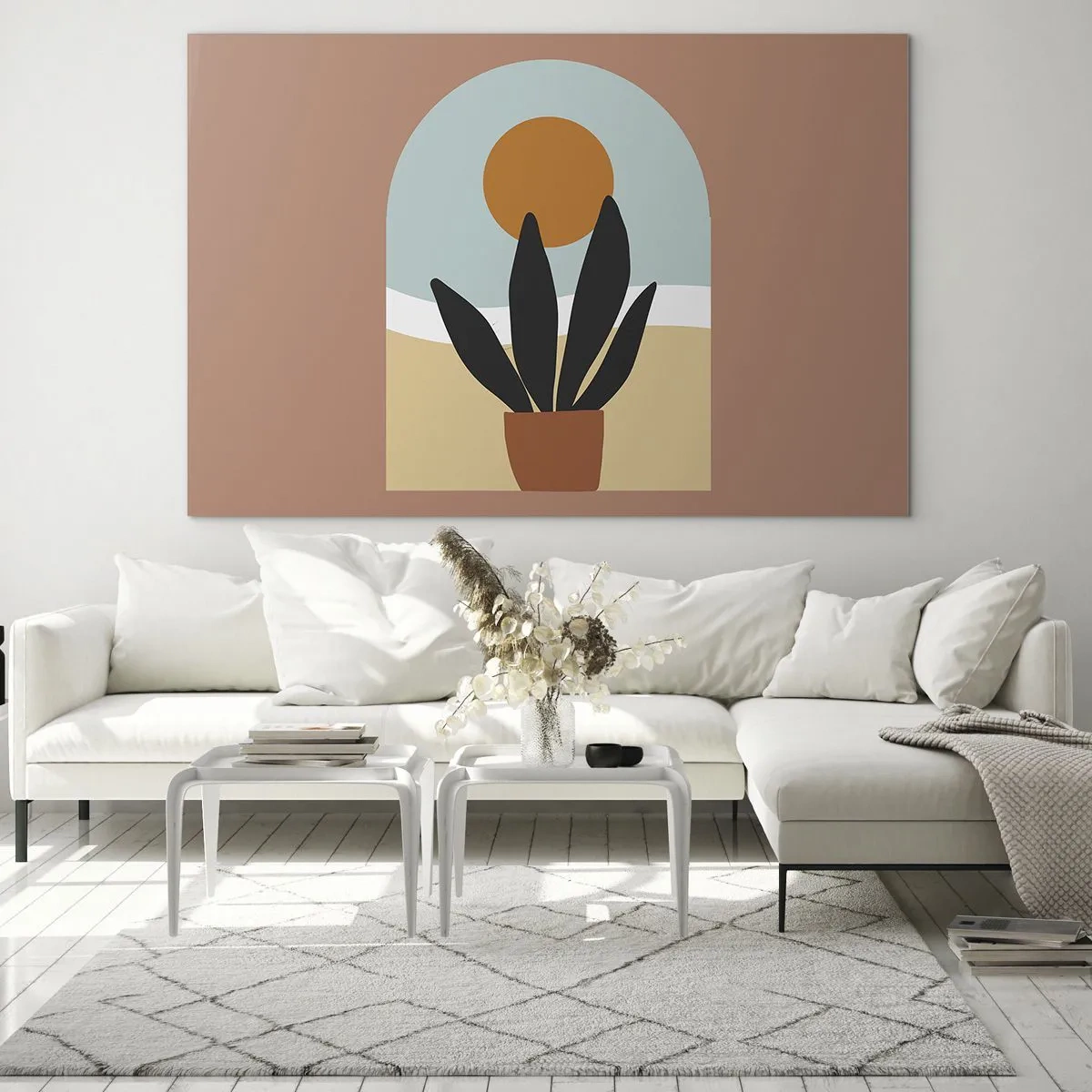 Tablou pe sticlă - O scenă abstractă cu o plantă în ghiveci și soarele în fundal, în culori pastelate. - 70x50cm - Bucurii mici - Decorațiune modernă pentru perete pentru living și dormitor ARTTOR