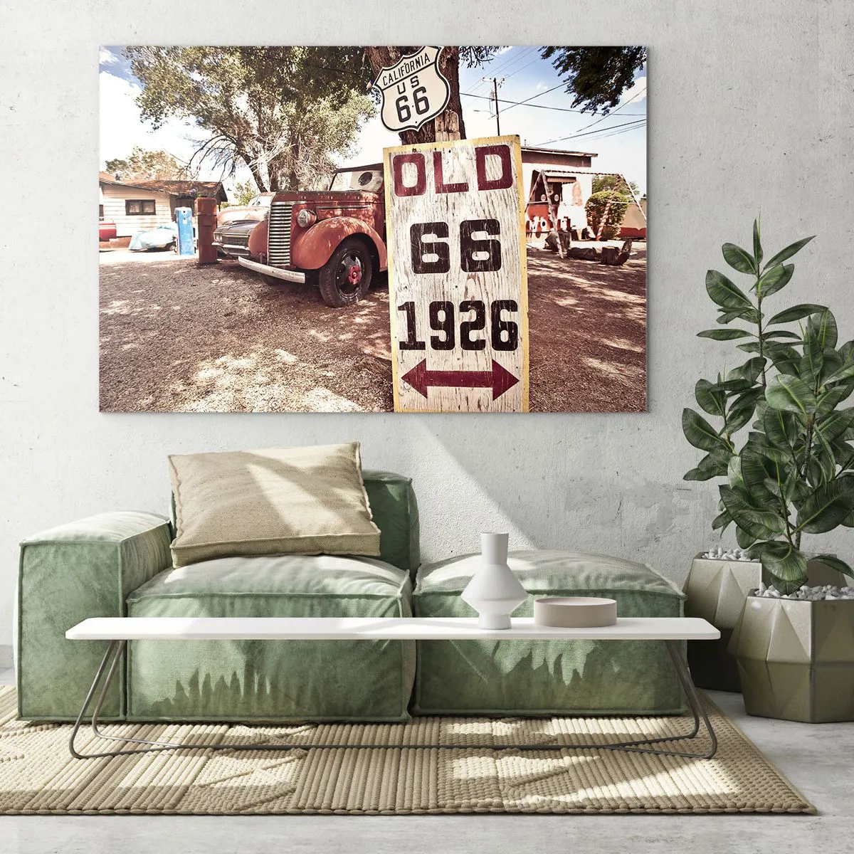 Tablou pe sticlă - Indicator retro și vechi pentru ruta 66 - 70x50cm - O legendă provincială americană - Decorațiune modernă pentru perete pentru living și dormitor ARTTOR
