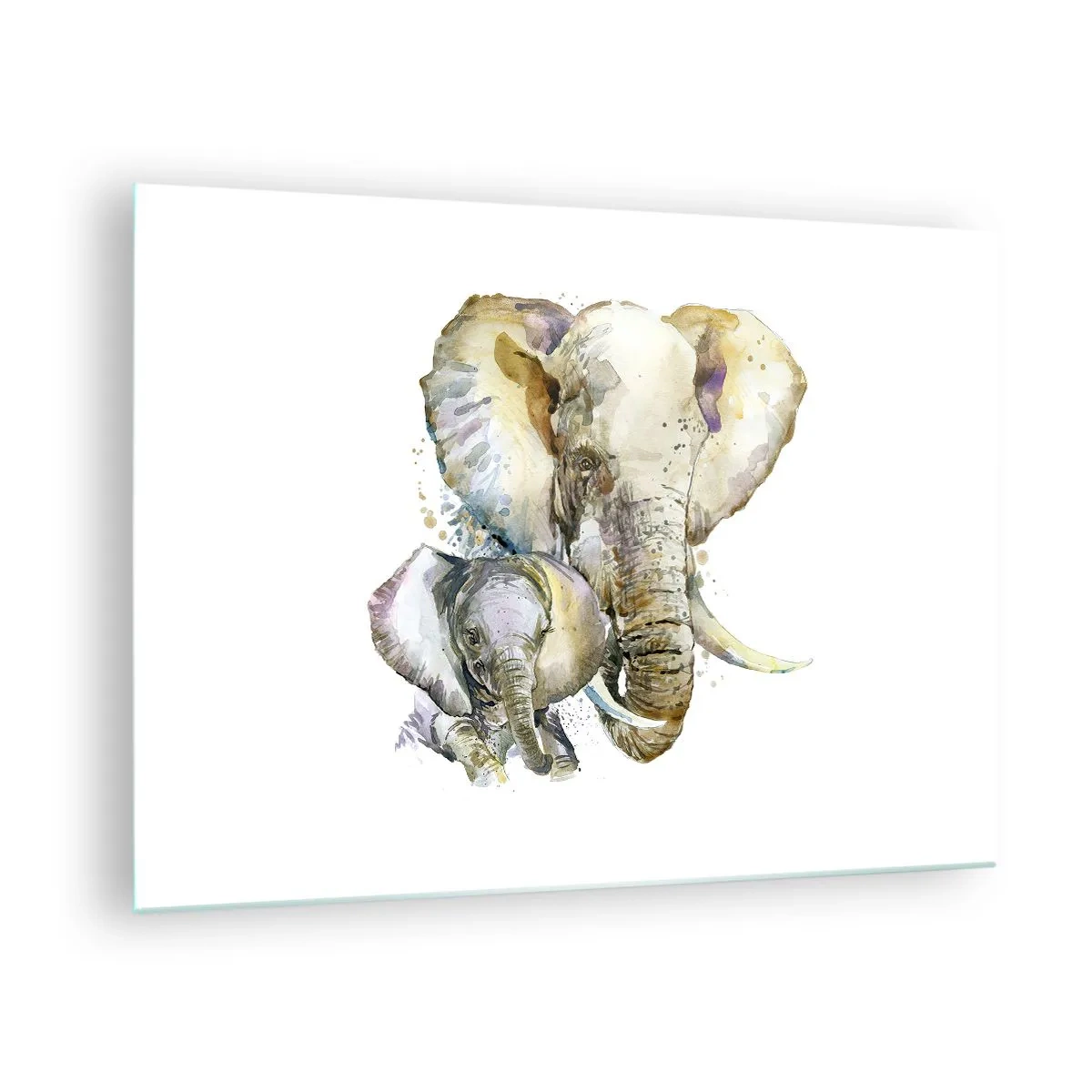 Tablou pe sticlă - Elefanți artistici în stil acuarelă pe fundal alb - 70x50cm - Ca la mama - Decorațiune modernă pentru perete pentru living și dormitor ARTTOR