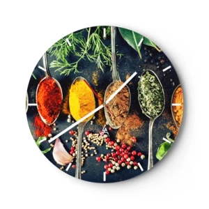 Ceas de perete - Ceas pe sticlă - Condimente și ierburi colorate aranjate pe linguri - 30x30cm - Magie culinară - Decorațiune modernă pentru perete pentru living, bucătărie și dormitor ARTTOR