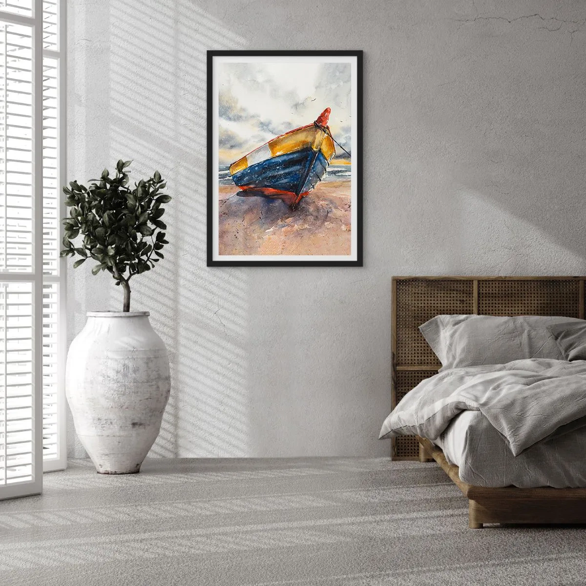 Poster în ramă neagră - Barcă în acuarelă pe plajă la apus - 50x70cm - Se odihnește pe țărm - Decorațiune modernă pentru perete pentru living și dormitor ARTTOR