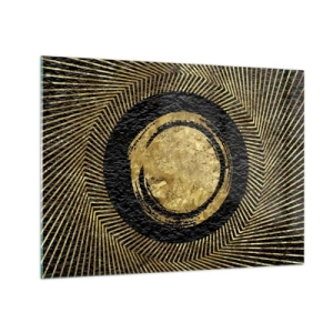 Tablou pe sticlă - Cerc auriu cu raze pe fundal negru într-un stil glamour - 70x50cm - Compoziție glamour - Decorațiune modernă pentru perete pentru living și dormitor ARTTOR