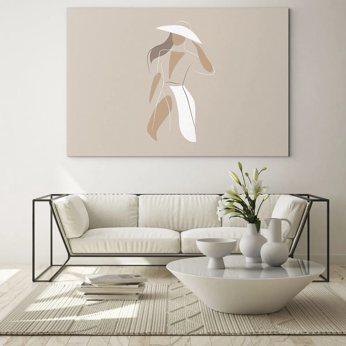 Tablou pe sticlă - Figură stilizată a unei femei cu o pălărie albă - 70x50cm - Moda este distractivă - Decorațiune modernă pentru perete pentru living și dormitor ARTTOR