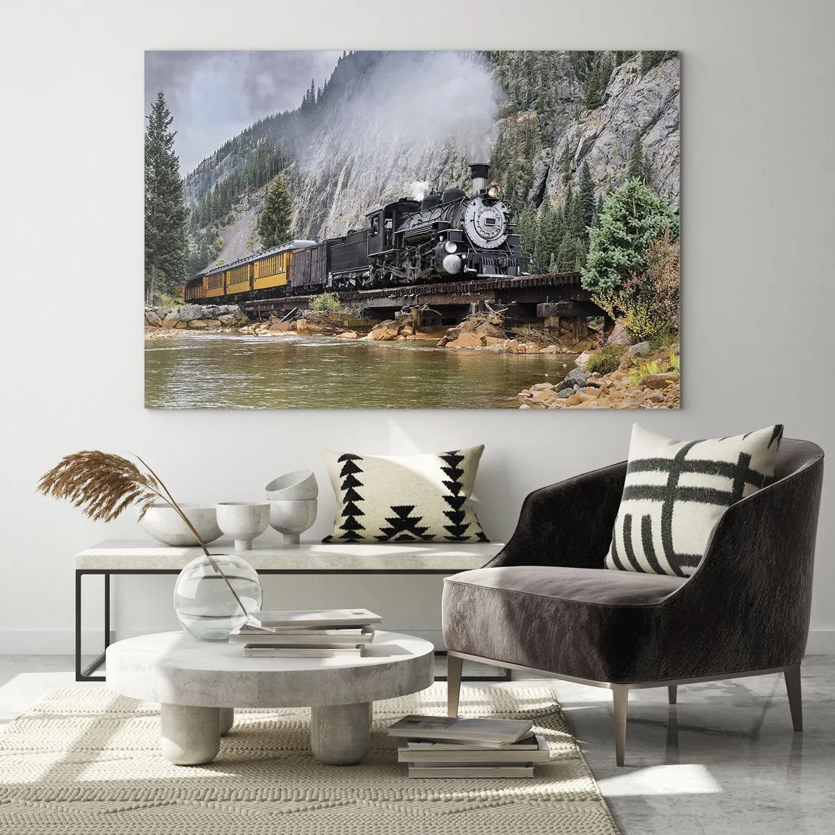 Tablou pe sticlă - O locomotivă cu aburi pe un pod în munți - 70x50cm - Și încotro? Unde? - Decorațiune modernă pentru perete pentru living și dormitor ARTTOR