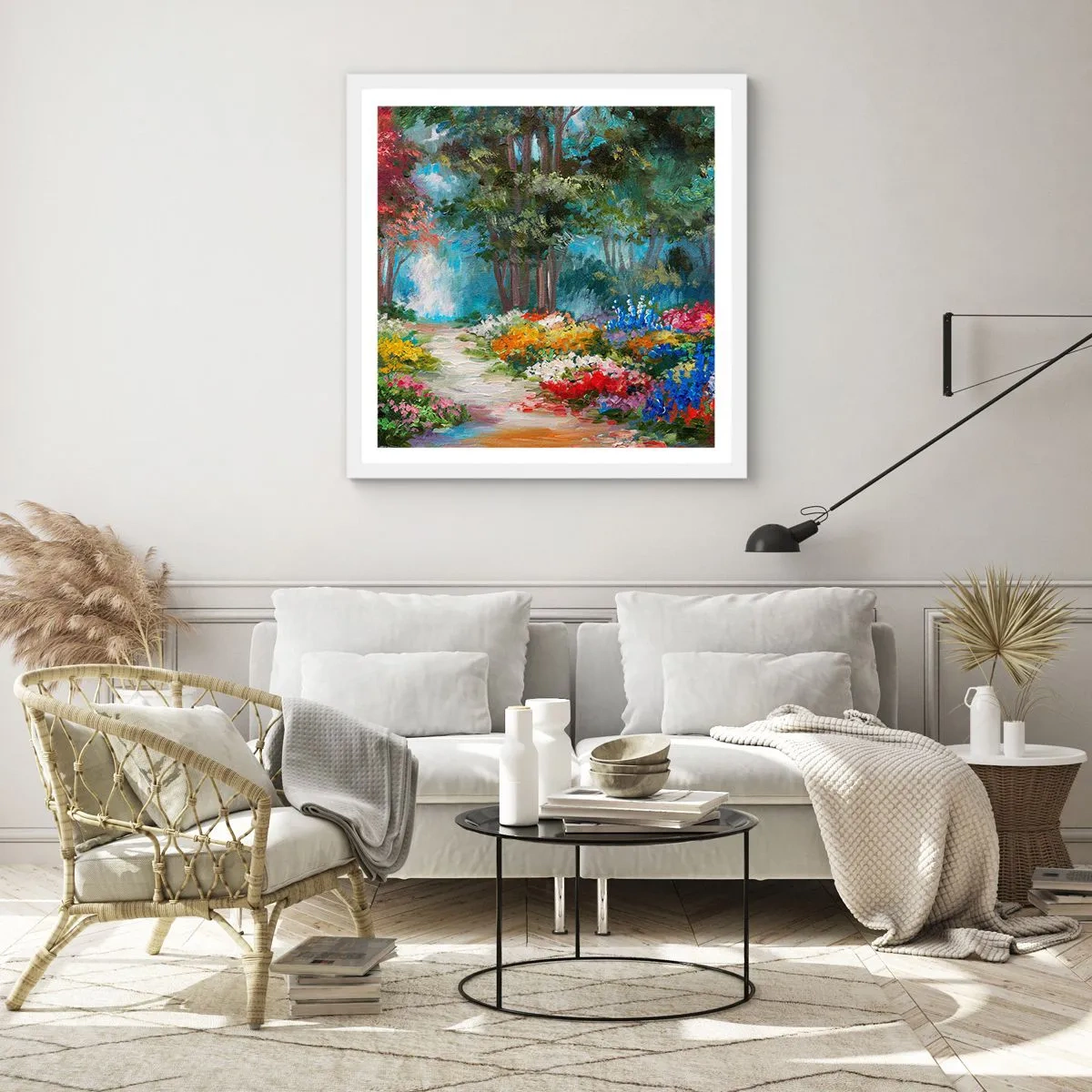 Poster în ramă albă - Grădină de pădure, pădure de flori - 30x30 cm