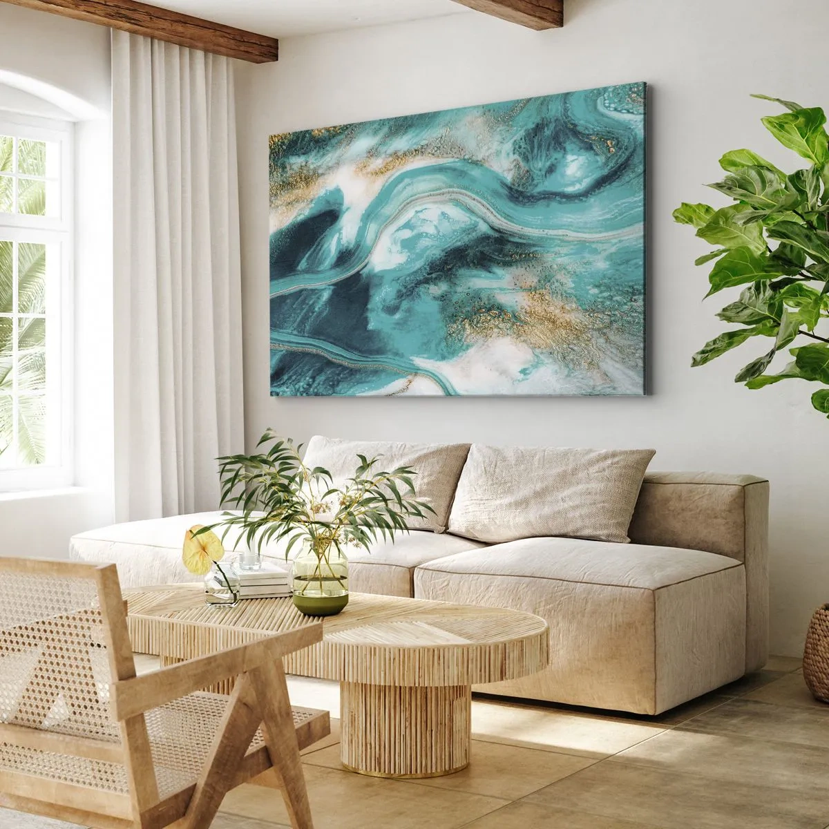 Tablou pe pânză Canvas - Abstracție turcoaz cu accente albe și aurii - 70x50cm - Râul de aur - Decorațiune modernă pentru perete pentru living și dormitor ARTTOR