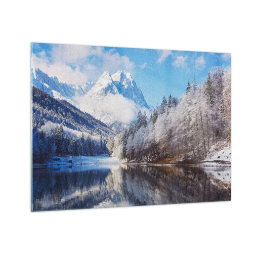 Tablou pe sticlă - Peisaj de iarnă cu munți și un lac înghețat - 70x50cm - Veghe de zăpadă - Decorațiune modernă pentru perete pentru living și dormitor ARTTOR
