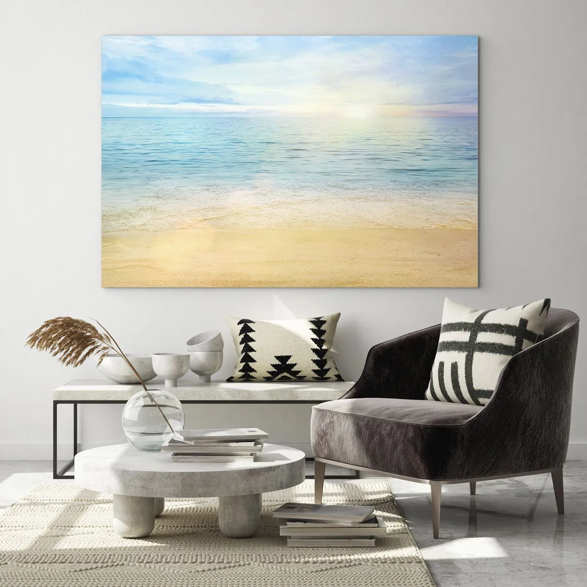 Tablou pe sticlă - O plajă însorită cu mare și cer azurii - 70x50cm - Marele albastru - Decorațiune modernă pentru perete pentru living și dormitor ARTTOR