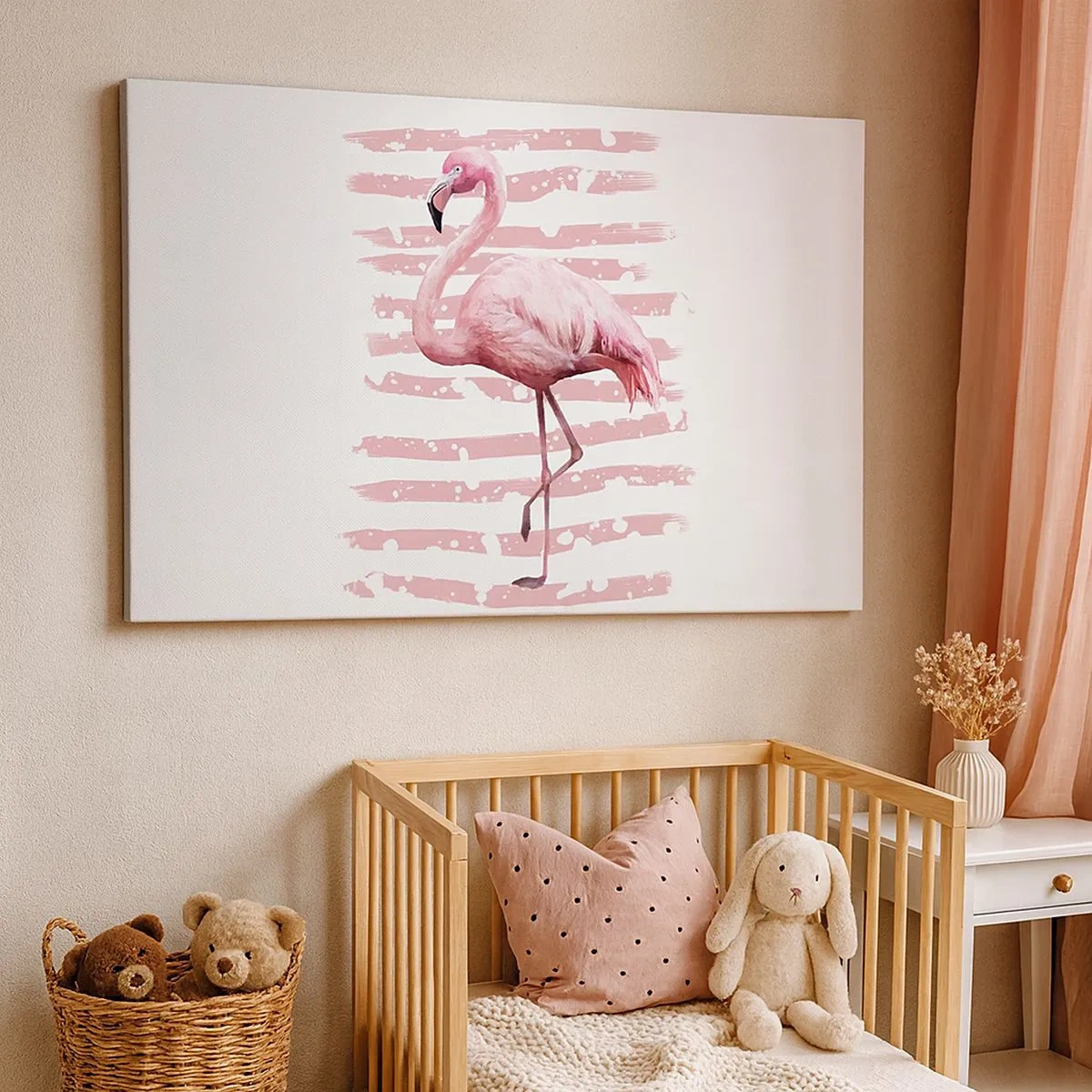 Tablou pe pânză Canvas - Flamingo pe fundal roz în stil minimalist - 70x50cm - Cu demnitate, chiar dacă în roz - Decorațiune modernă pentru perete pentru living și dormitor ARTTOR