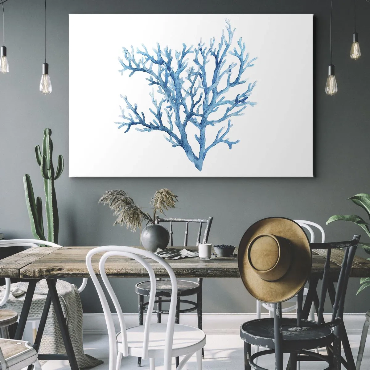 Tablou pe pânză Canvas - Coral albastru pe fundal alb cu un aspect minimalist - 70x50cm - Filigranul marin - Decorațiune modernă pentru perete pentru living și dormitor ARTTOR