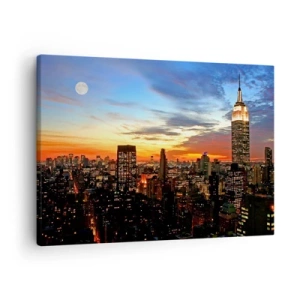 Tablou pe pânză Canvas - Panoramă a orașului cu zgârie-nori iluminați la amurg - 70x50cm - O noapte americană luminoasă - Decorațiune modernă pentru perete pentru living și dormitor ARTTOR