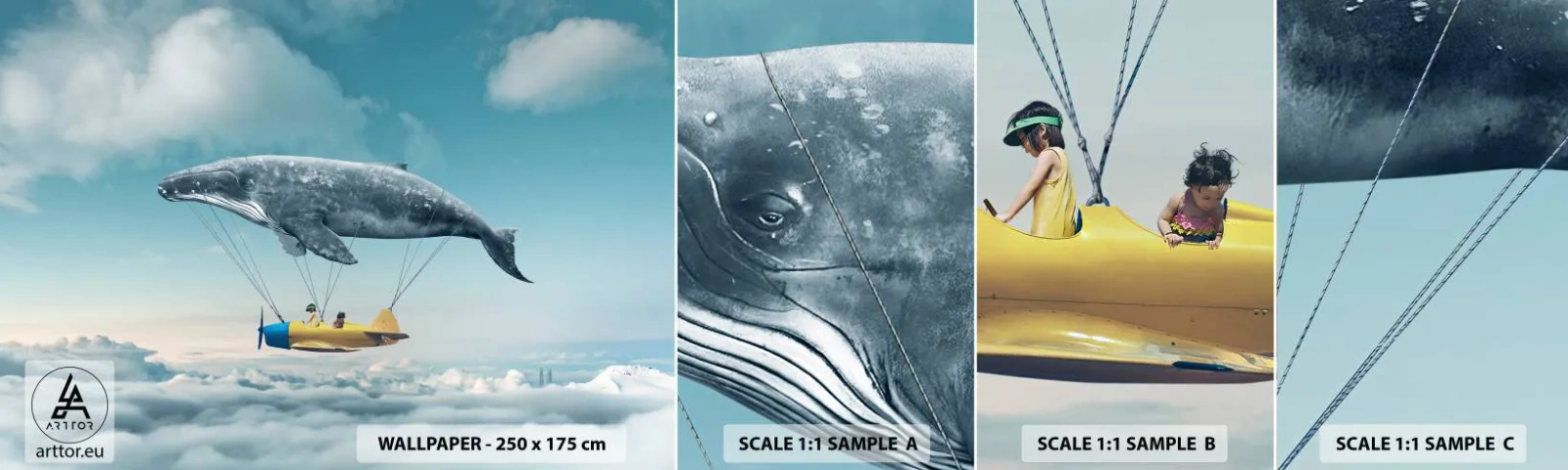 Mostră de Tapet Standard Eco - De ce nu? - Balenă, Copii, Avion - 100x30 cm