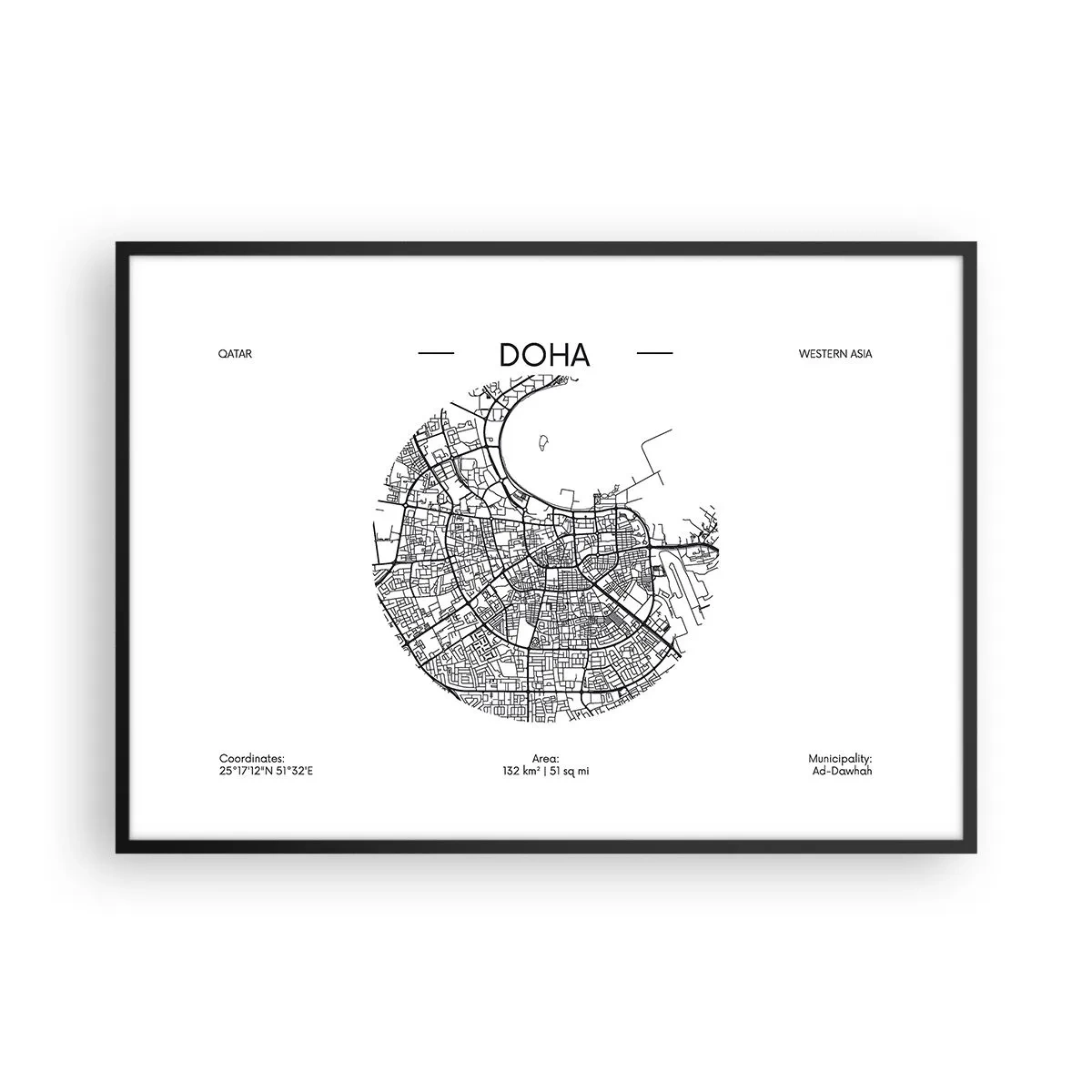 Poster în ramă neagră - Anatomia orașului Doha - 100x70 cm