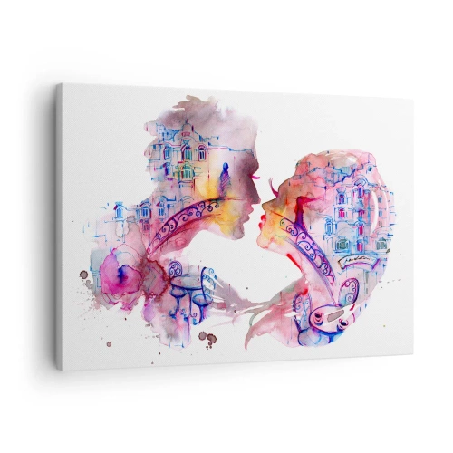 Tablou pe pânză Canvas - O acuarelă romantică înfățișând siluetele îndrăgostiților - 70x50cm - Podul secret al suspinelor - Decorațiune modernă pentru perete pentru living și dormitor ARTTOR