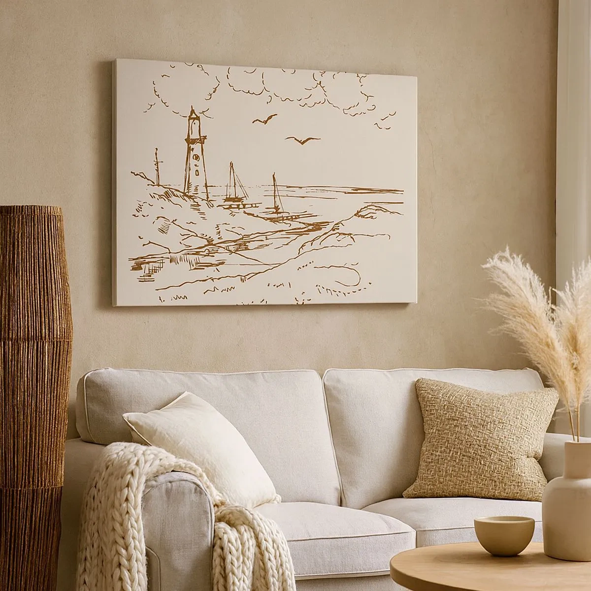 Tablou pe pânză Canvas - Schiță a unui far cu vedere la mare - 70x50cm - Schiță de amintiri de vară - Decorațiune modernă pentru perete pentru living și dormitor ARTTOR
