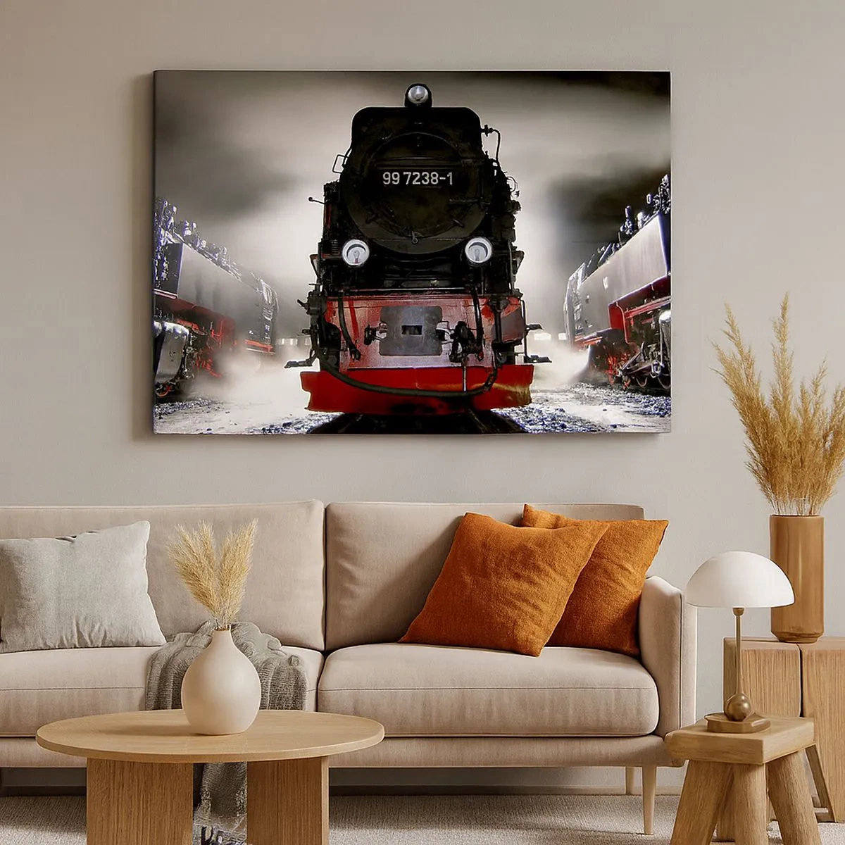 Tablou pe pânză Canvas - O locomotivă cu aburi înconjurată de abur pe un cer întunecat într-un cadru atmosferic - 70x50cm - Stă și pufuie, geme și suflă... - Decorațiune modernă pentru perete pentru living și dormitor ARTTOR