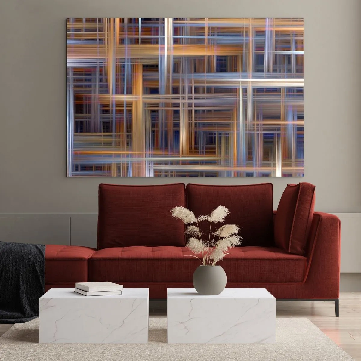 Tablou pe sticlă - Model geometric de linii și culori într-un stil abstract - 70x50cm - Țesut din lumină - Decorațiune modernă pentru perete pentru living și dormitor ARTTOR