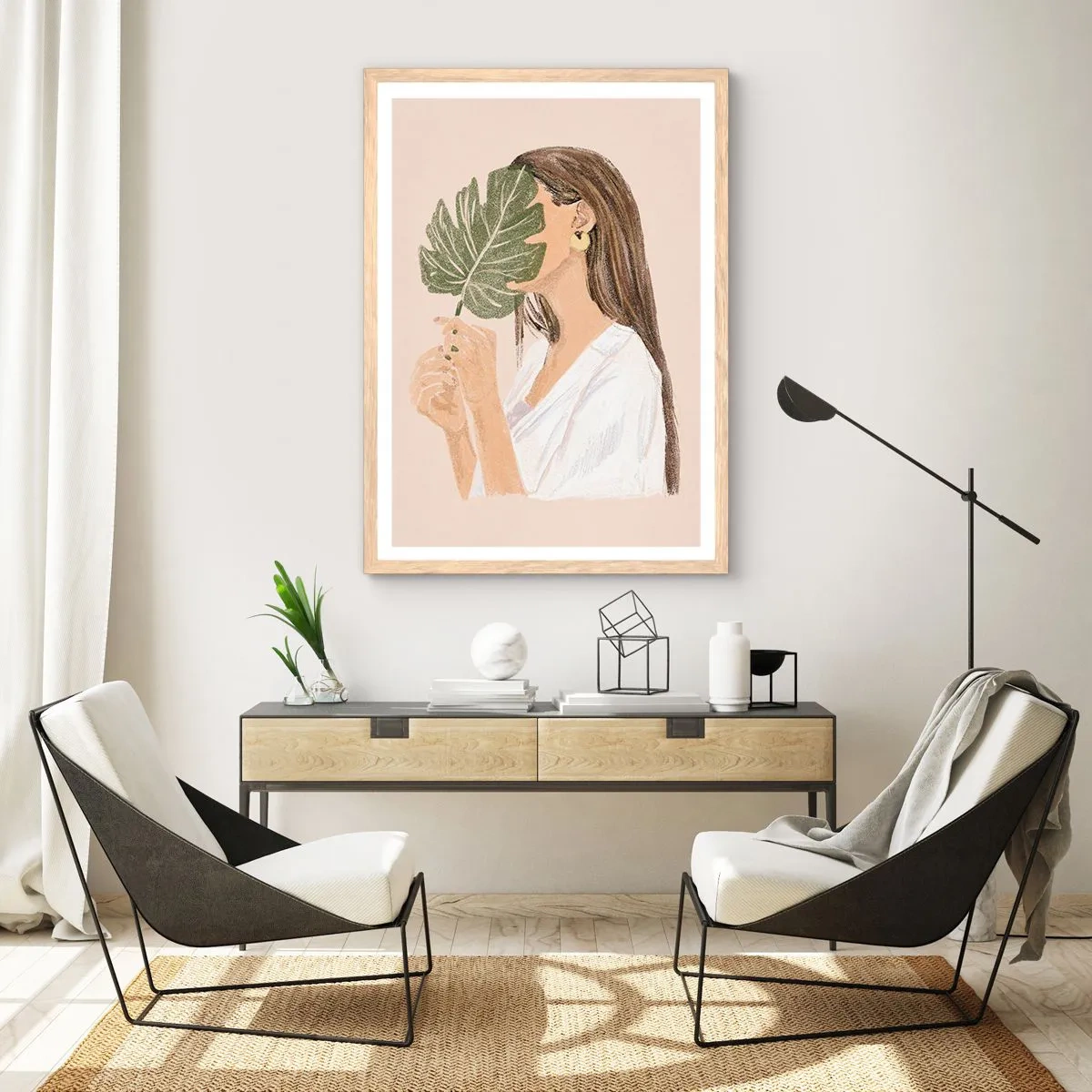 Poster în ramă de stejar deschis - Portret misterios cu un evantai - 50x70 cm