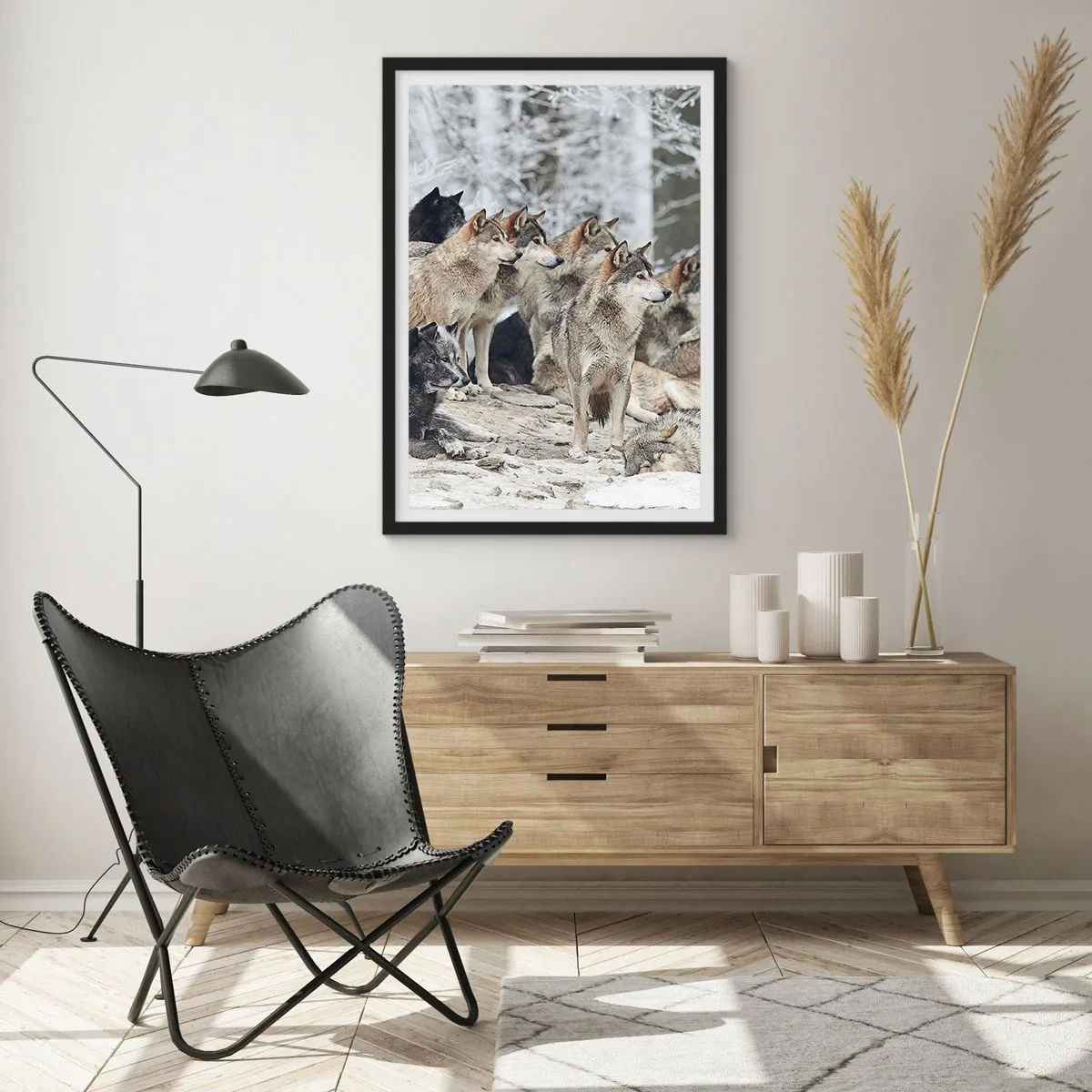 Poster în ramă neagră - Un grup de lupi în pădurea de iarnă - 50x70cm - Familie și prieteni - Decorațiune modernă pentru perete pentru living și dormitor ARTTOR