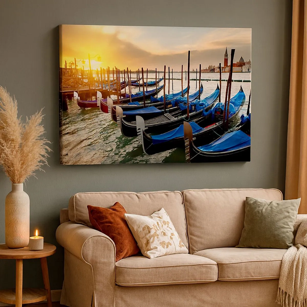 Tablou pe pânză Canvas - Gondole în Veneția dimineața în lumina soarelui care răsare - 70x50cm - Înainte de a începe agitația - Decorațiune modernă pentru perete pentru living și dormitor ARTTOR