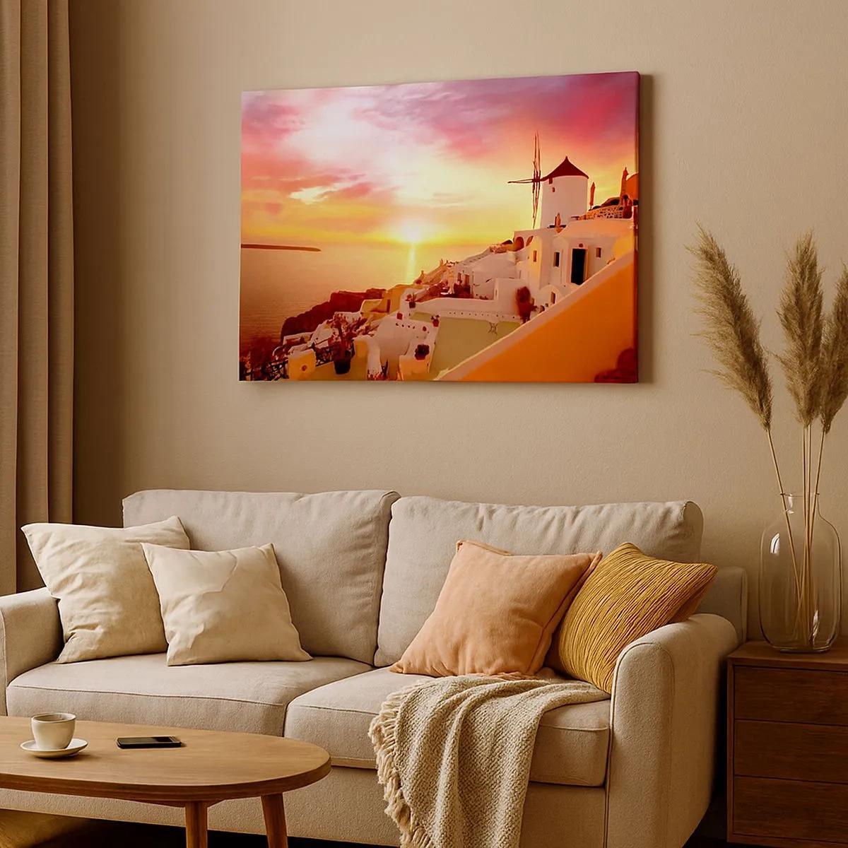 Tablou pe pânză Canvas - Santorini la apus cu o moară de vânt - 70x50cm - Dizolvându-se în alb și auriu - Decorațiune modernă pentru perete pentru living și dormitor ARTTOR