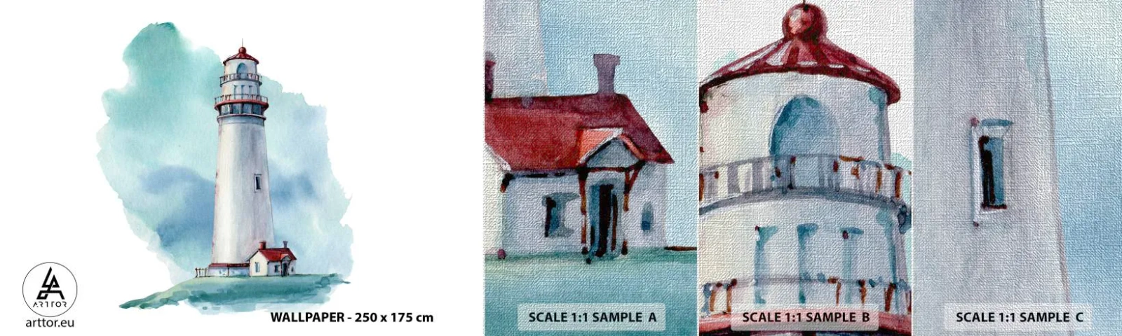 Mostră tapet Premium Canvas - Sora blândă a albastrului - Far, Litoral, Desen - 100x30 cm