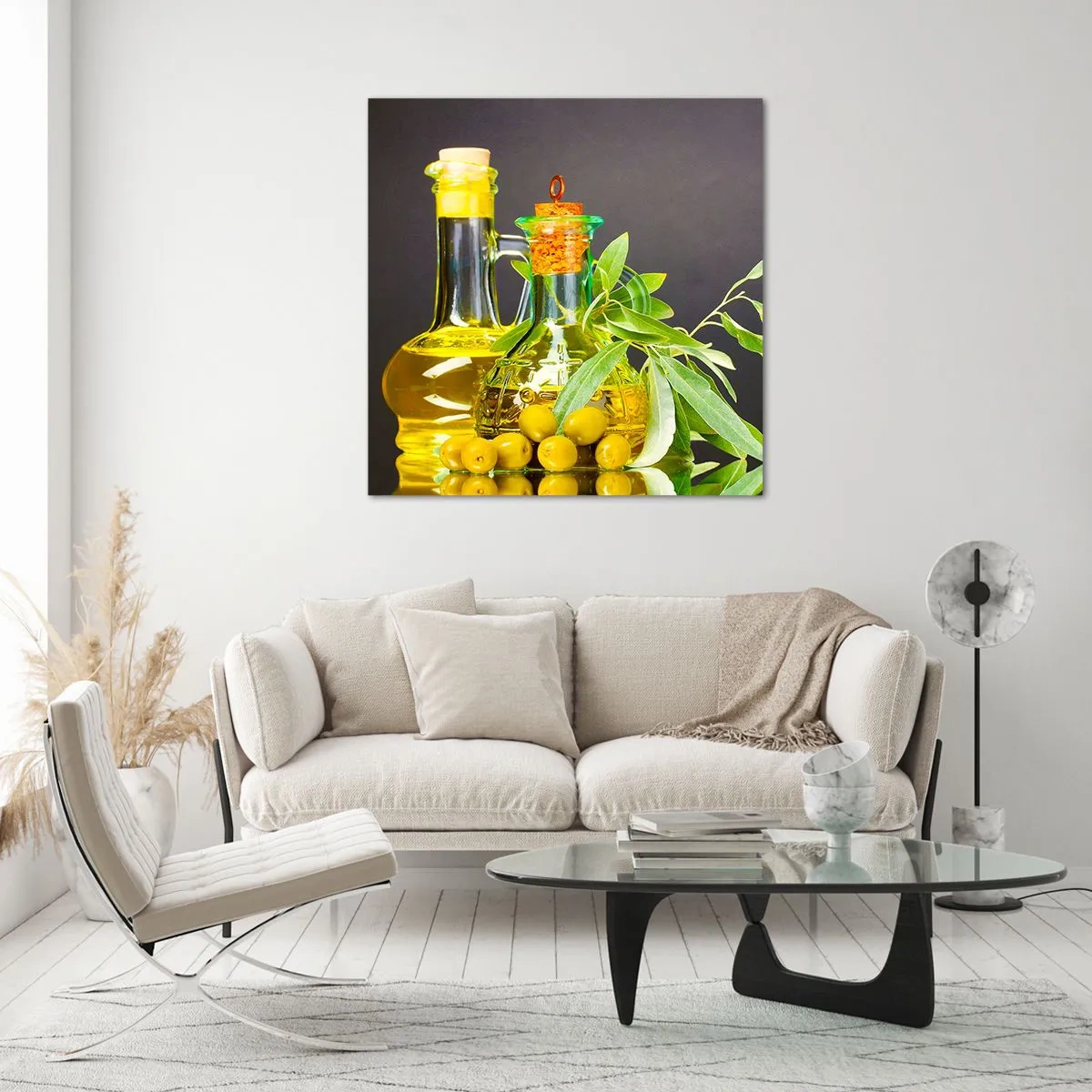 Tablou pe sticlă - Natură moarte cu măsline și ulei - 50x50 cm
