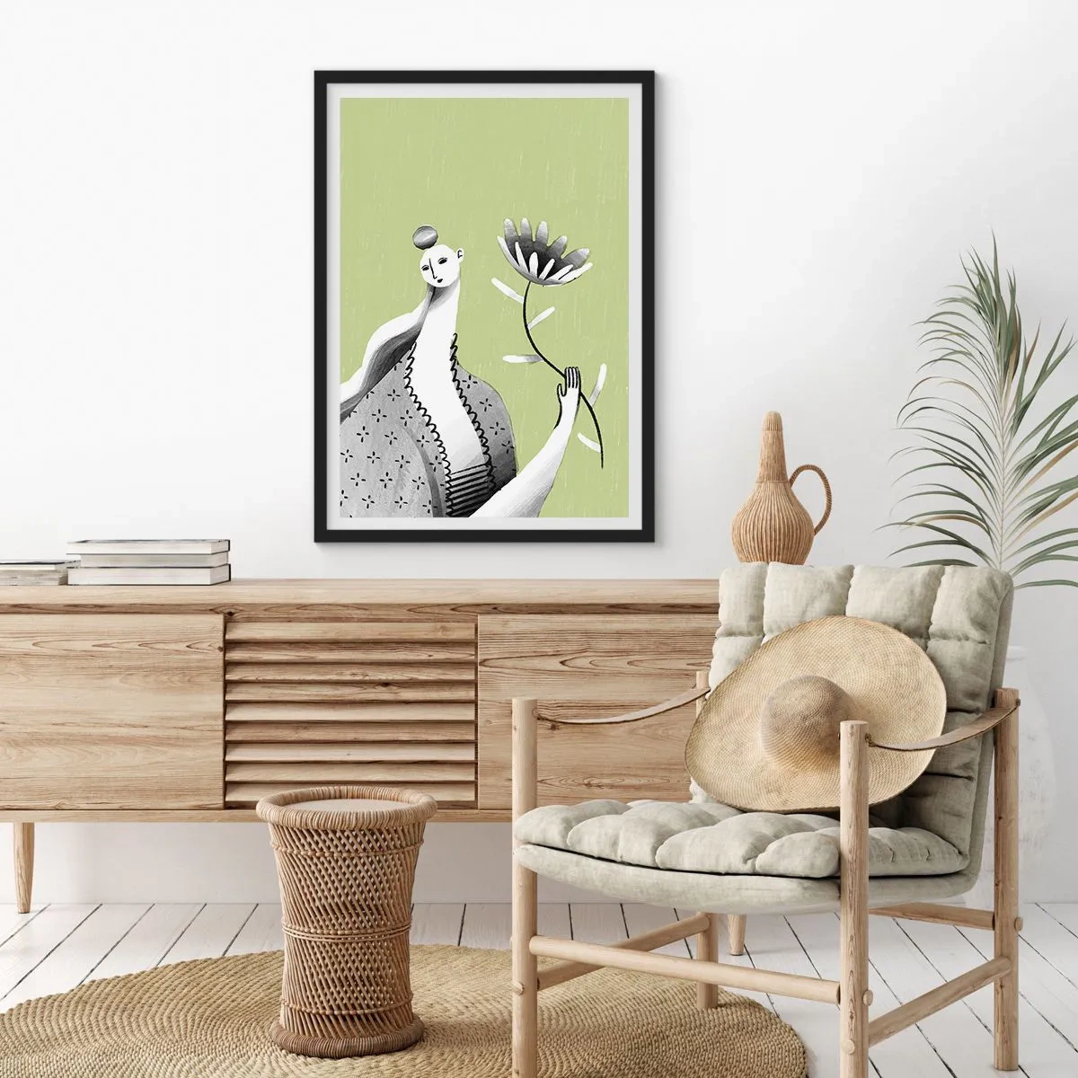 Poster în ramă neagră - Portret modernist - ținând o floare - 61x91 cm