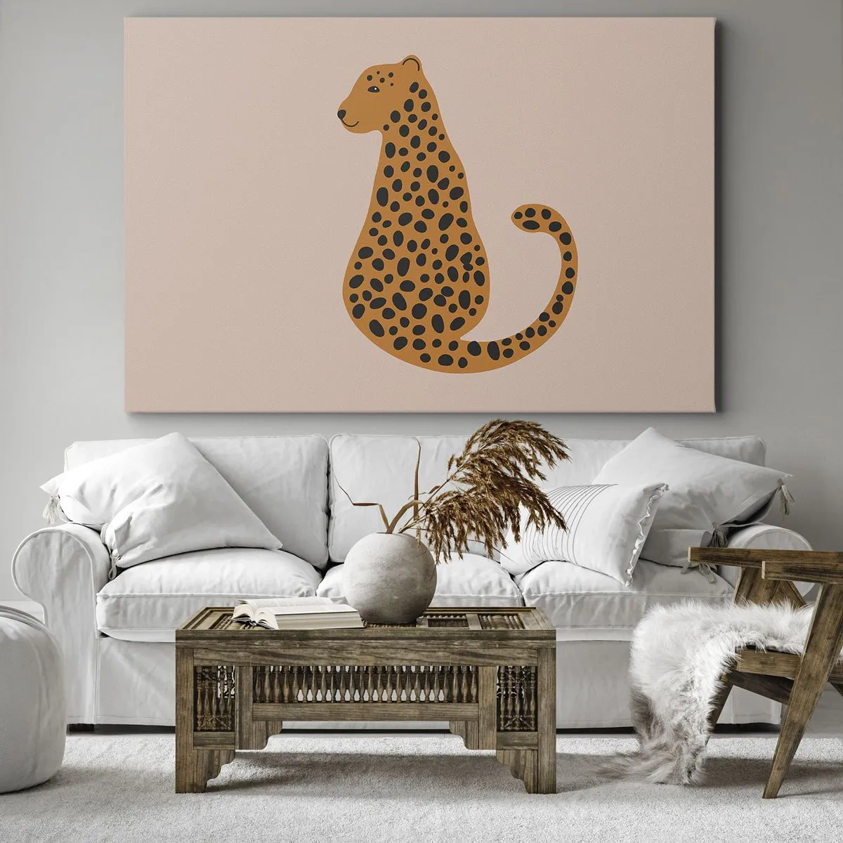 Tablou pe pânză Canvas - Un desen minimalist al unei pantere pe un fundal bej - 70x50cm - Modelul leopard este tot timpul la modă - Decorațiune modernă pentru perete pentru living și dormitor ARTTOR