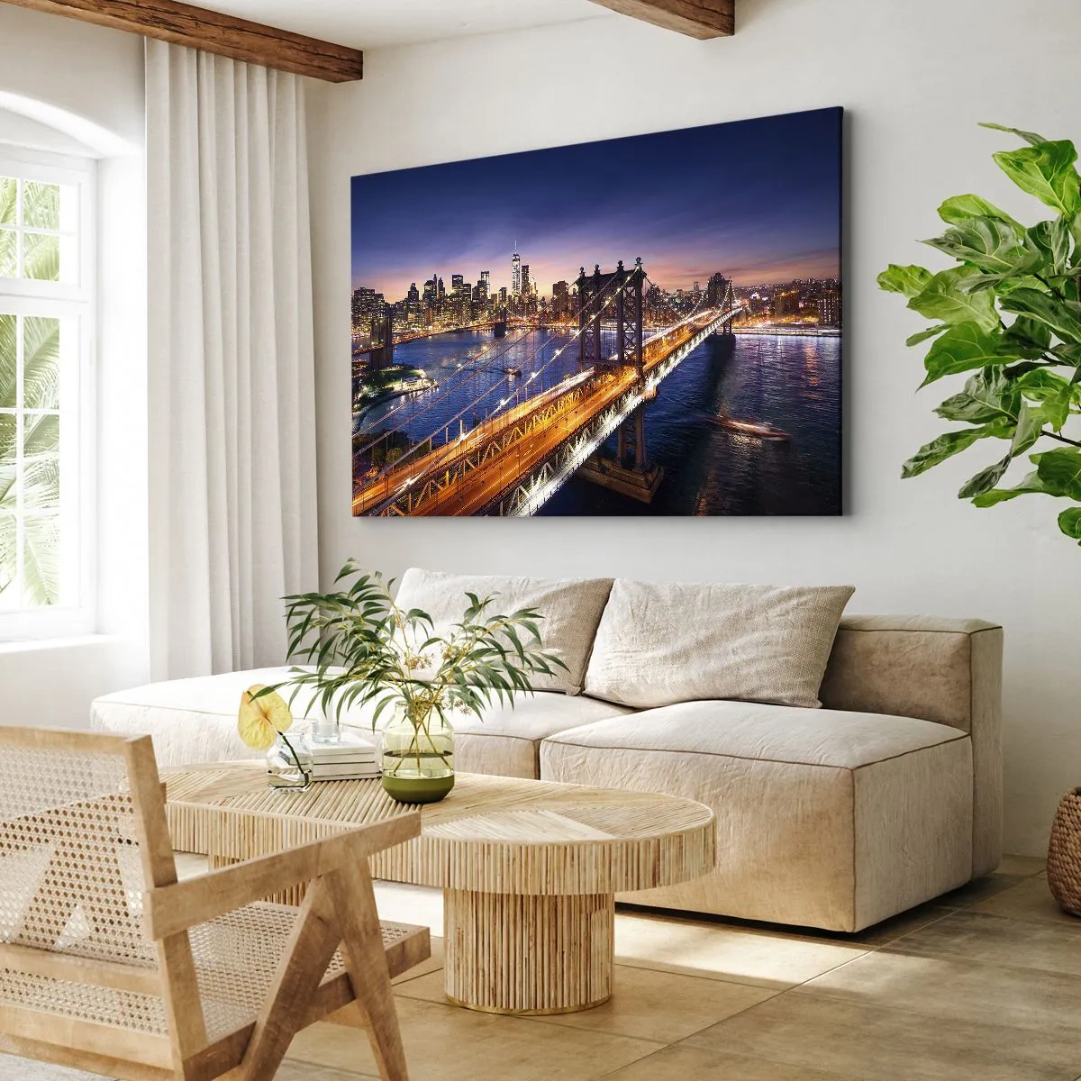 Tablou pe pânză Canvas - Podul și panorama orașului la apus - 70x50cm - Pe un pod luminos către inima orașului - Decorațiune modernă pentru perete pentru living și dormitor ARTTOR