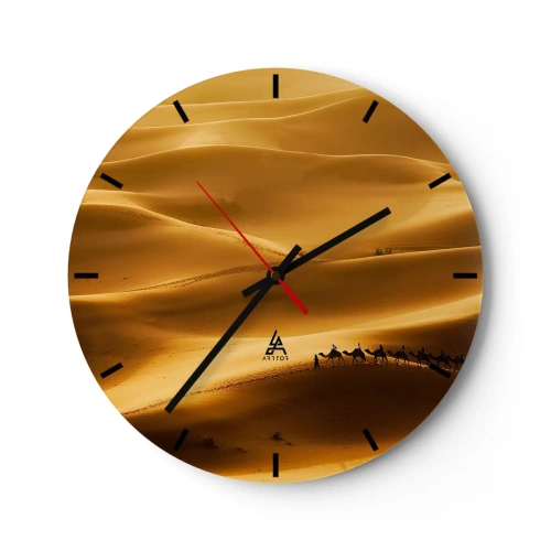 Ceas de perete - Ceas pe sticlă - O rulotă în deșert în lumină aurie - 30x30cm - Caravana pe valurile deșertului - Decorațiune modernă pentru perete pentru living, bucătărie și dormitor ARTTOR