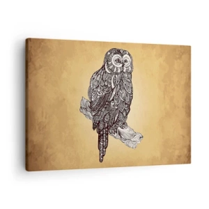 Tablou pe pânză Canvas - O bufniță în stil ornamental pe un fundal bej - 70x50cm - Ornamente complicate de înțelepciune - Decorațiune modernă pentru perete pentru living și dormitor ARTTOR