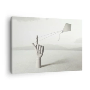 Tablou pe pânză Canvas - O mână minimalistă din lemn cu un zmeu pe fundalul unui peisaj. - 70x50cm - Încercare de forță - Decorațiune modernă pentru perete pentru living și dormitor ARTTOR