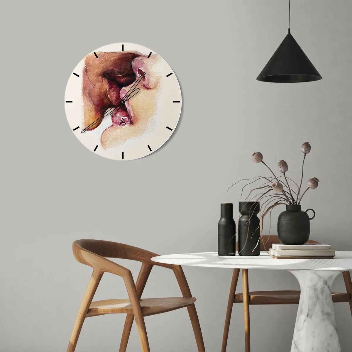 Ceas de perete - Ceas pe sticlă - Un sărut a două fețe în stil acuarelă - 30x30cm - Ca ziua și noaptea, ca cerul și pământul - Decorațiune modernă pentru perete pentru living, bucătărie și dormitor ARTTOR