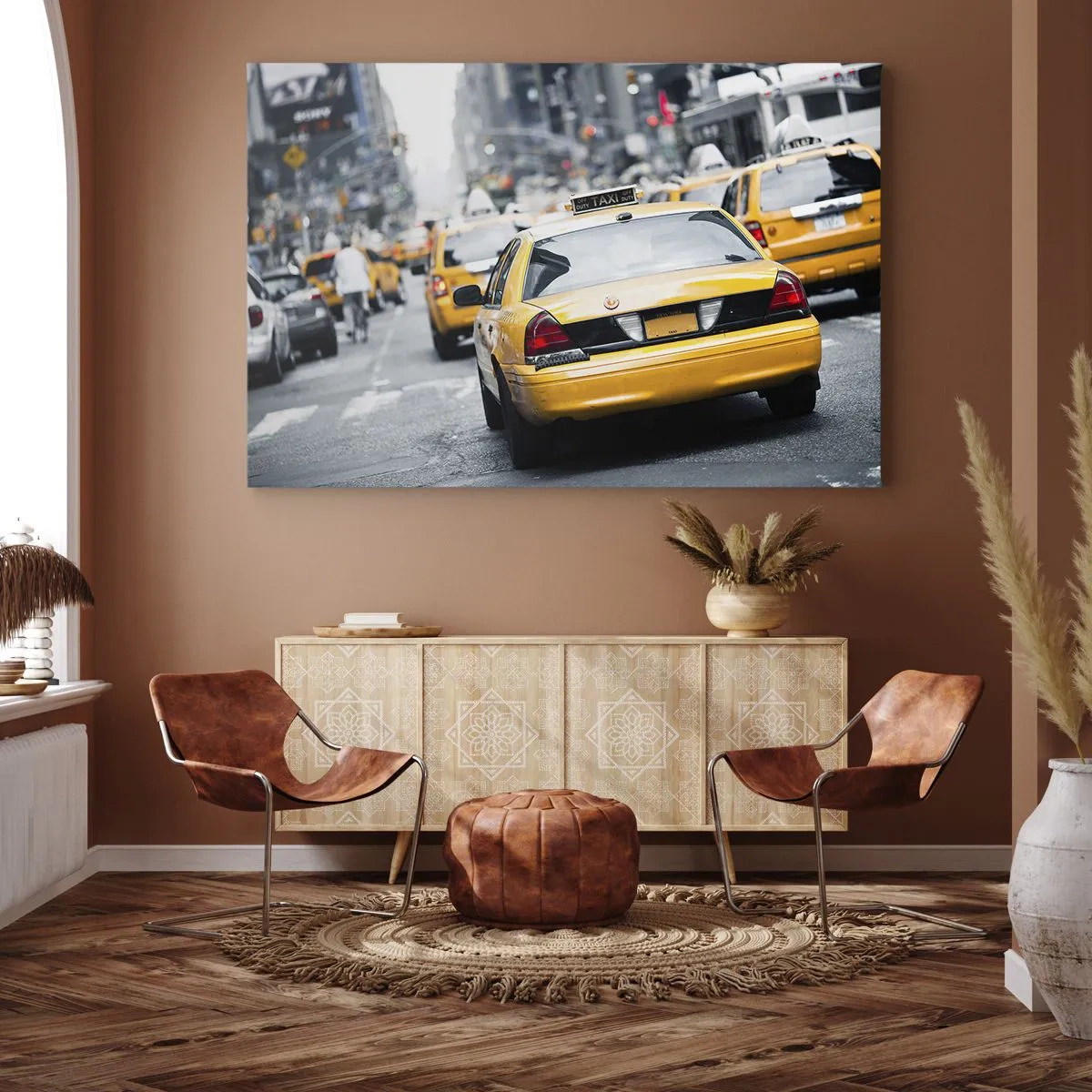 Tablou pe pânză Canvas - Taxiuri galbene pe o stradă aglomerată din centrul metropolei - 70x50cm - Doar în acest oraș - Decorațiune modernă pentru perete pentru living și dormitor ARTTOR