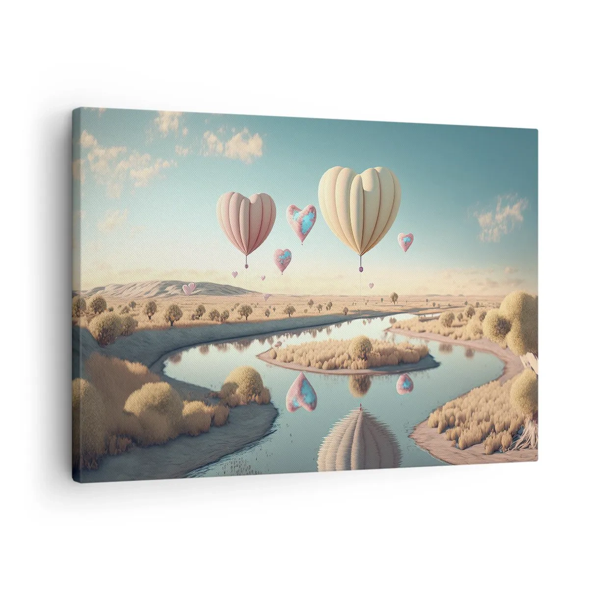 Tablou pe pânză Canvas - Baloane în formă de inimă plutind deasupra peisajului - 70x50cm - Iubirea ne înalță - Decorațiune modernă pentru perete pentru living și dormitor ARTTOR