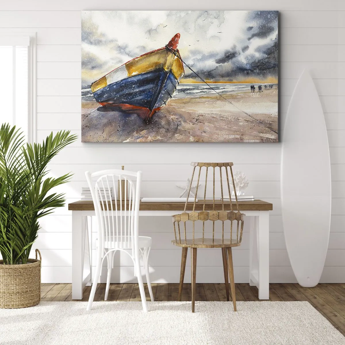 Tablou pe pânză Canvas - O barcă pitorească pe plajă sub un cer înnorat - 70x50cm - Se odihnește pe țărm - Decorațiune modernă pentru perete pentru living și dormitor ARTTOR