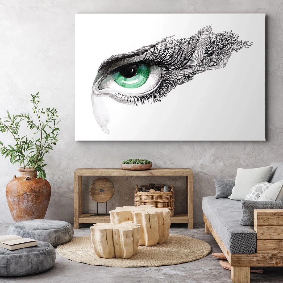 Tablou pe pânză Canvas - Ochi artistic cu iris verde și detalii de desen - 70x50cm - Frumoasă și gata de atac - Decorațiune modernă pentru perete pentru living și dormitor ARTTOR