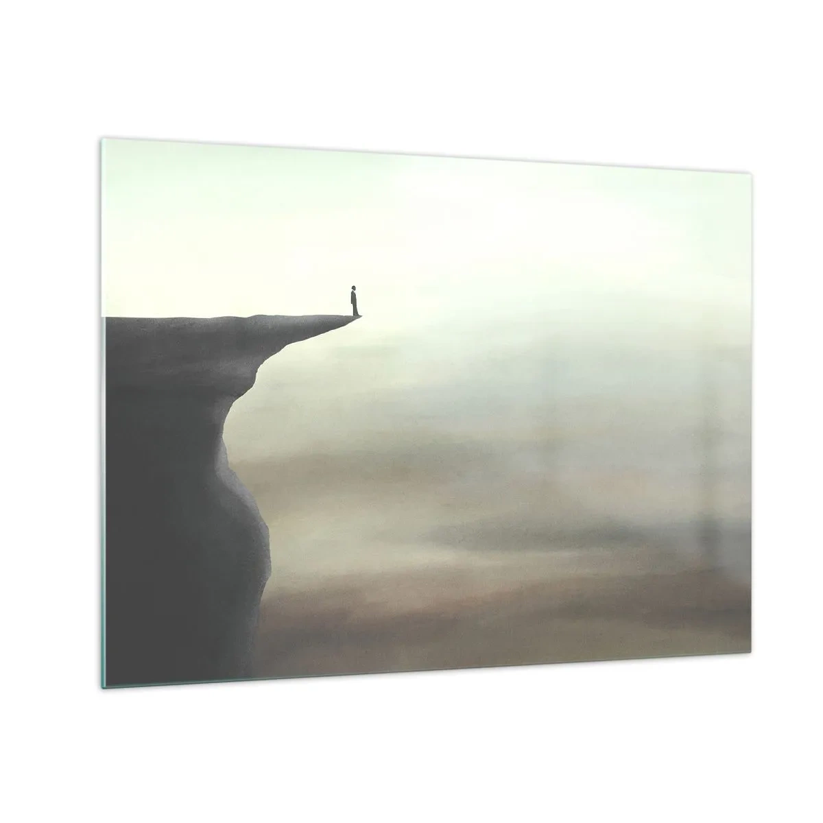 Tablou pe sticlă - Silueta unei persoane care stă pe marginea unei stânci deasupra ceții - 70x50cm - În sus, bineînțeles! - Decorațiune modernă pentru perete pentru living și dormitor ARTTOR