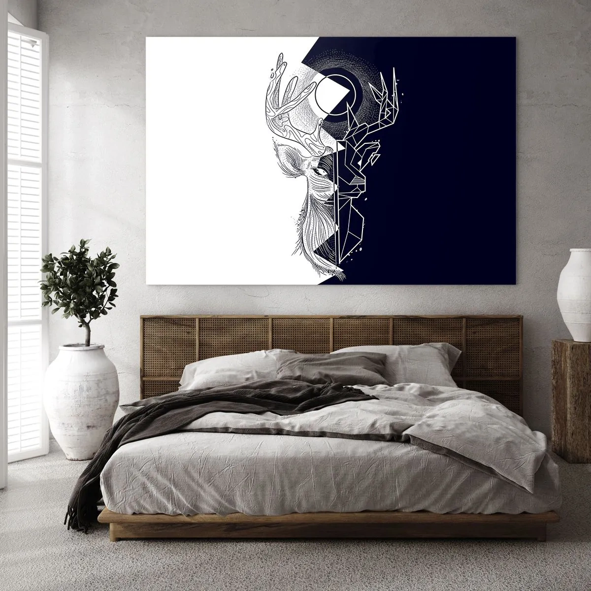 Tablou pe sticlă - Desen geometric al unui cerb pe fundal alb-negru - 70x50cm - Lupta și unitatea contrariilor - Decorațiune modernă pentru perete pentru living și dormitor ARTTOR